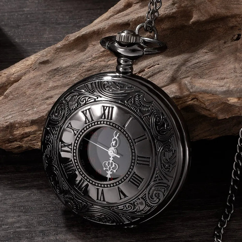 Steampunk Pocket Watch Necklace – Antique Black Roman Numerals Pocket Watch Necklace Qme
