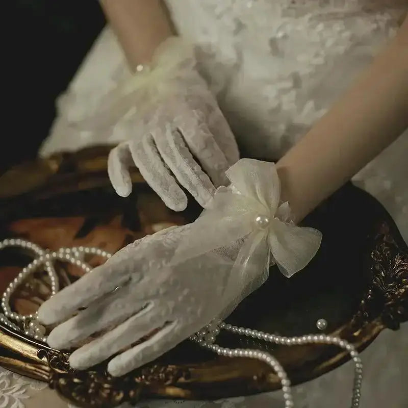 Women's Bridal Mesh Gloves – Beaded Bow Full Finger Wrist Bridal Mesh Gloves Qme