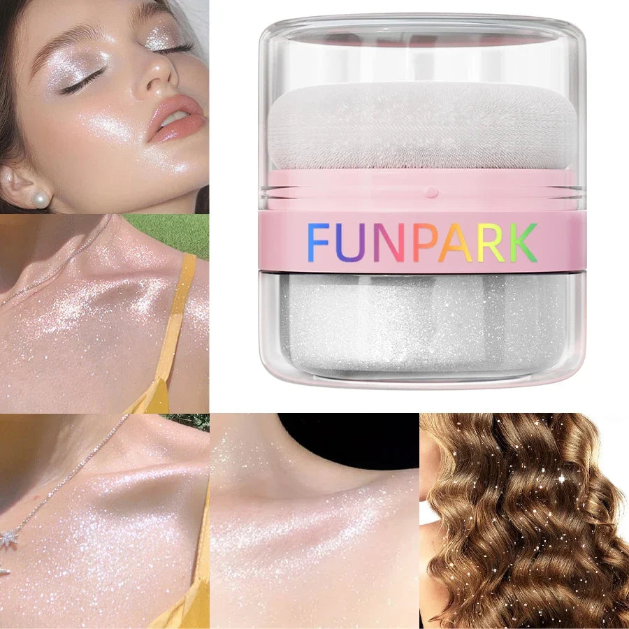 Qme Highlighter Powder with Puff – Face & Body Shimmer Glow Face & Body Highlighter Qme