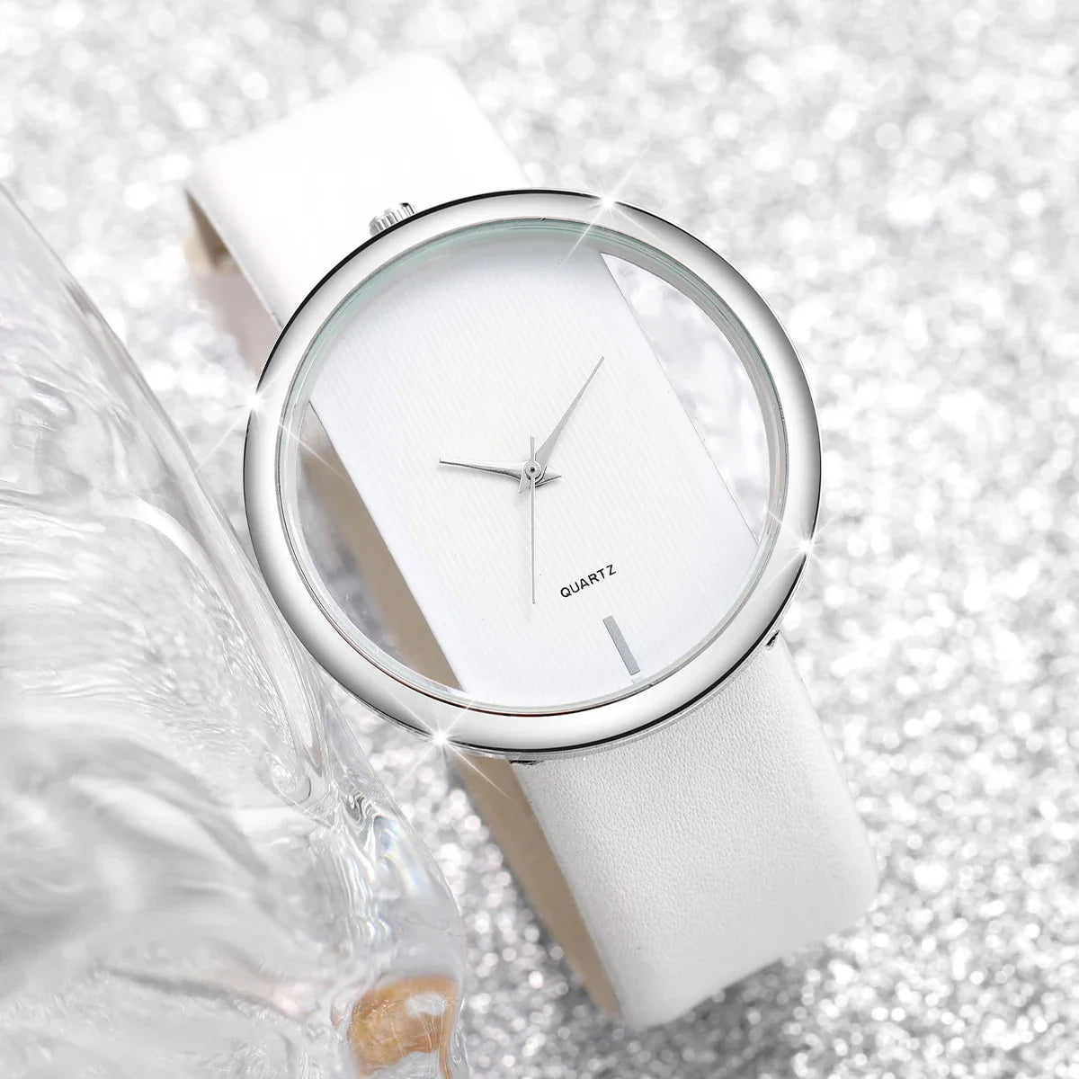 Silver Frame Ladies Watch – White Leather Strap & Bracelet Set Ladies Watch Set Qme