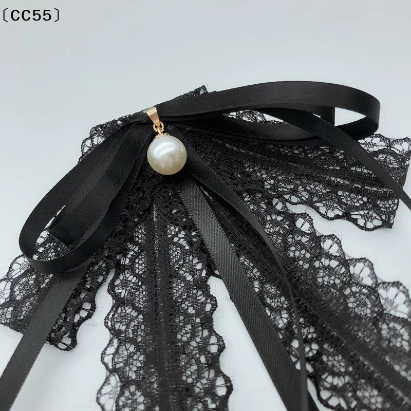 Black Lace Bow Tie Pearl Brooch – Women's Collar Accessory Bow Tie Brooch Qst