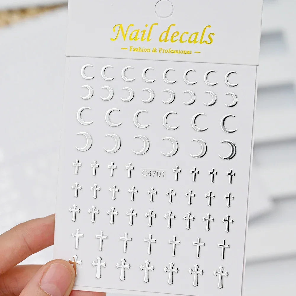 6 Sheets Metallic 3D Star Nail Art Stickers – Silver Decals Nail Art Stickers Qme