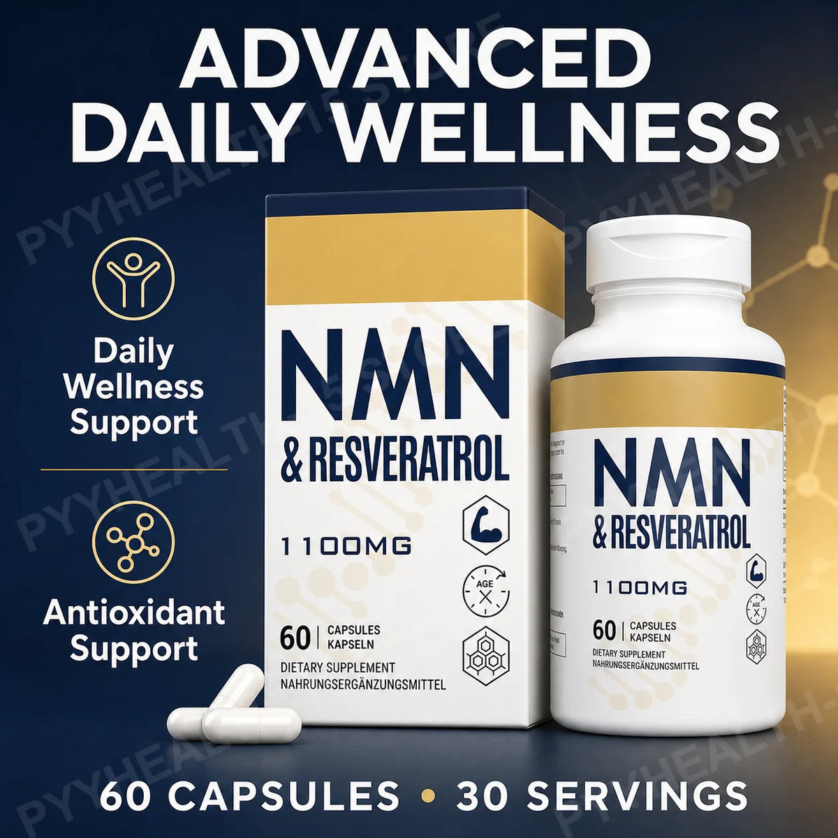 NMN 500mg Trans-Resveratrol 600mg Daily Vitality Capsules Wellness Supplement Qst