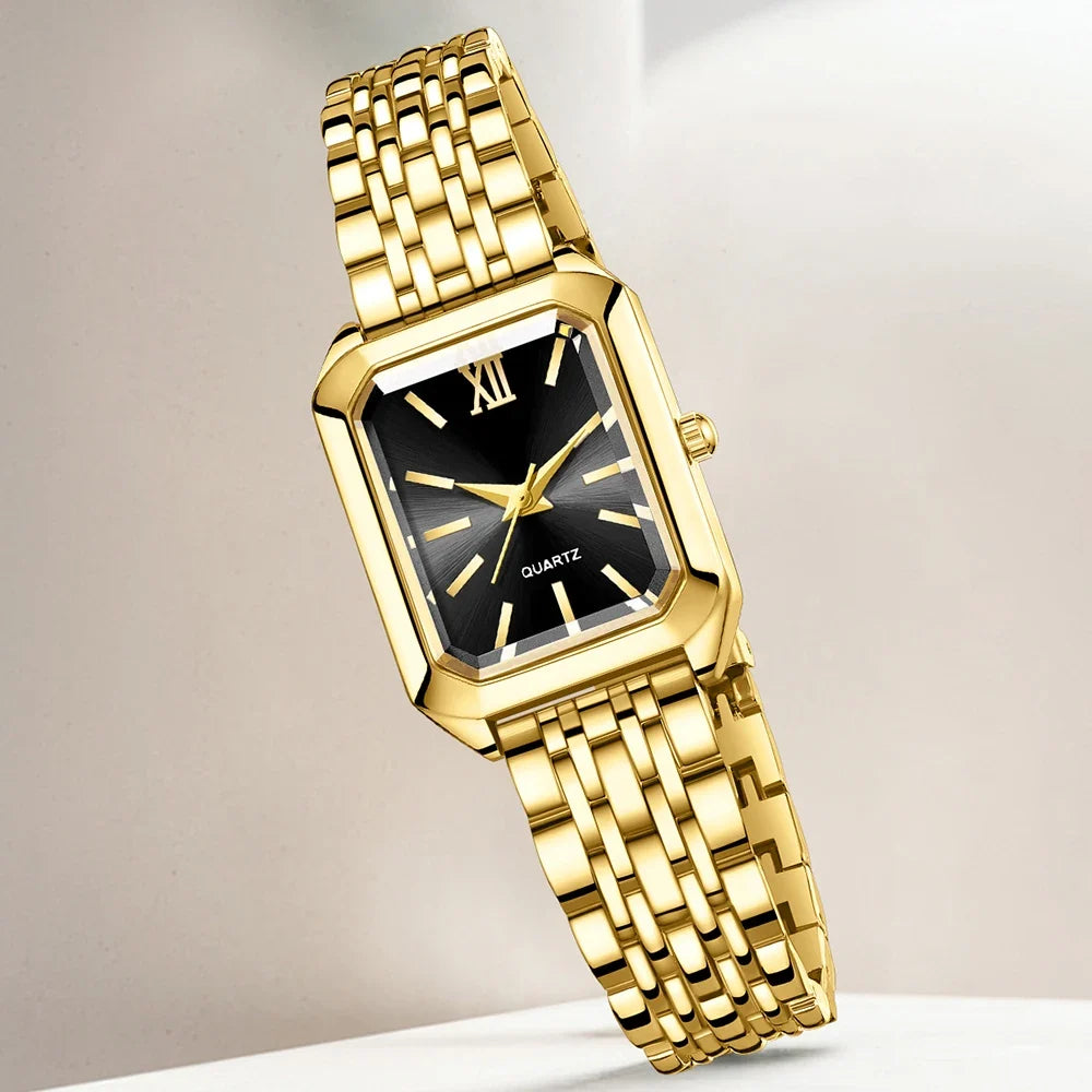 Golden Roman Square Watch & Water Drop Bracelet Set | Qme Watch & Bracelet Set Qme