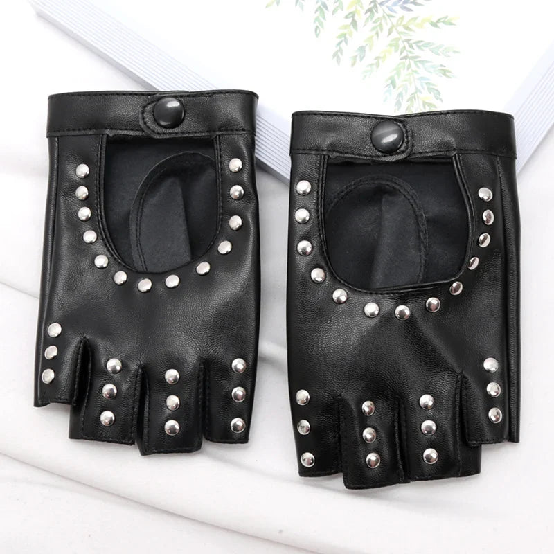 Y2K Gothic Lolita Black Fingerless Gloves – Rivet Punk Style Fingerless Fashion Gloves Qme