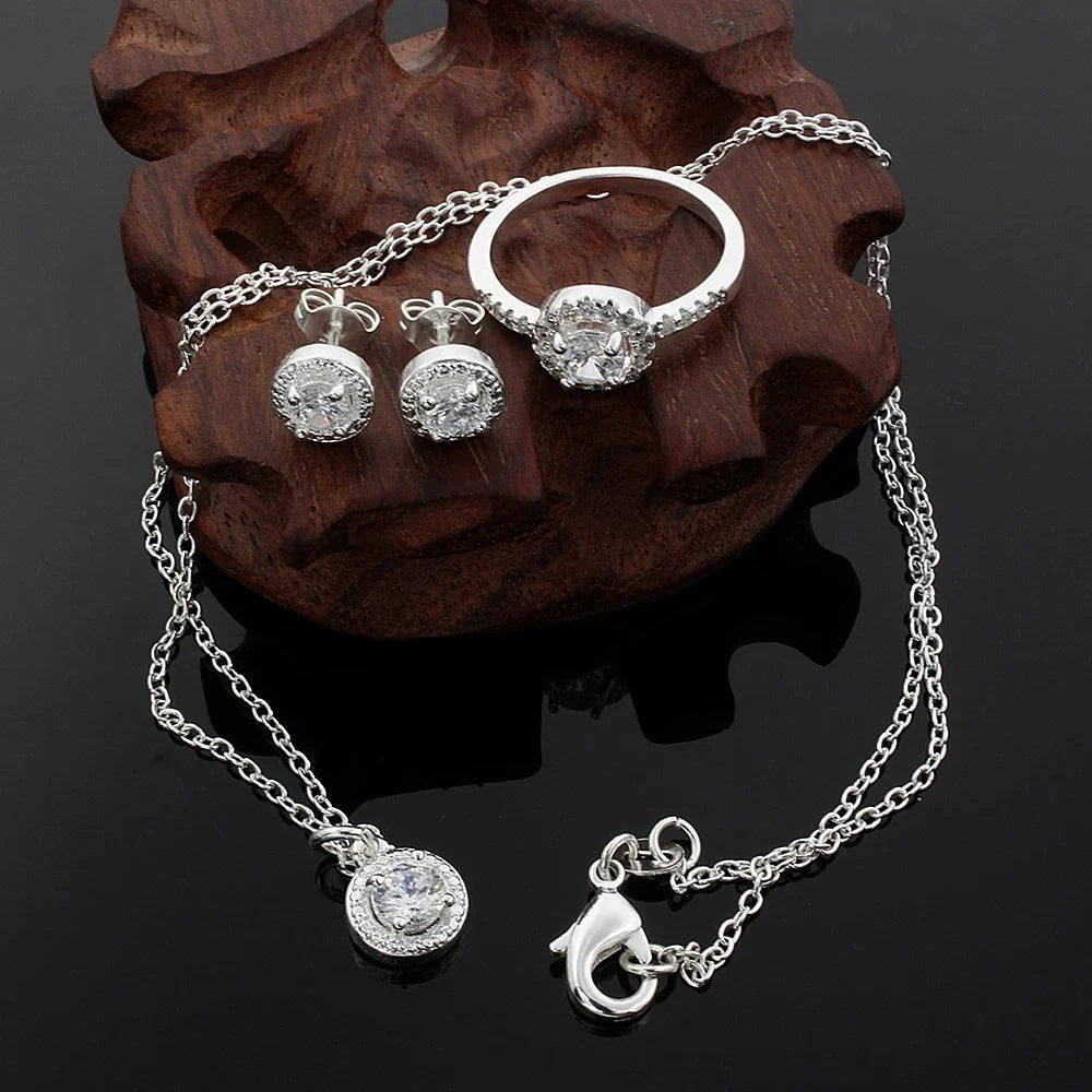 Bridal CZ Necklace Earrings & Ring Set – 925 Sterling Silver Bridal Jewelry Set Qme