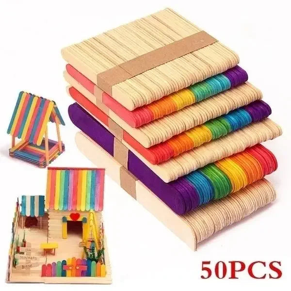 Colored Wooden Craft Sticks for Kids DIY Projects – 50 Pcs Wooden Craft Sticks Qme