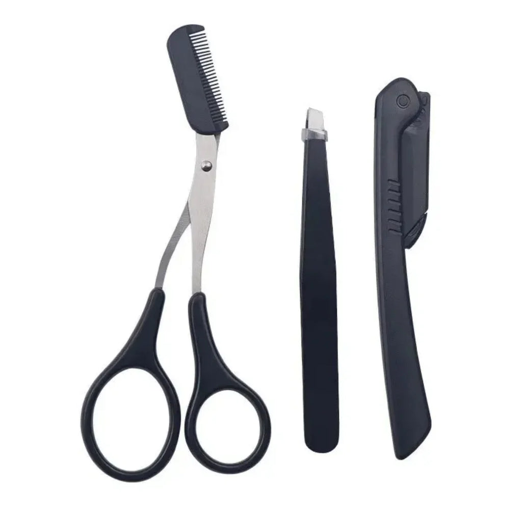 3-Piece Stainless Steel Eyebrow Trimmer Set – Clip, Comb & Scissors Eyebrow Grooming Set Qme