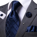 Hi-Tie Navy Blue Plaid Silk Necktie & Pocket Square Set for Men Silk Necktie Set Qme N-1656-XH-0060