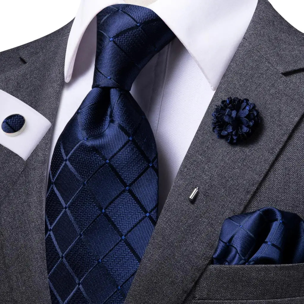 Hi-Tie Navy Blue Plaid Silk Necktie & Pocket Square Set for Men Silk Necktie Set Qme N-1656-XH-0060