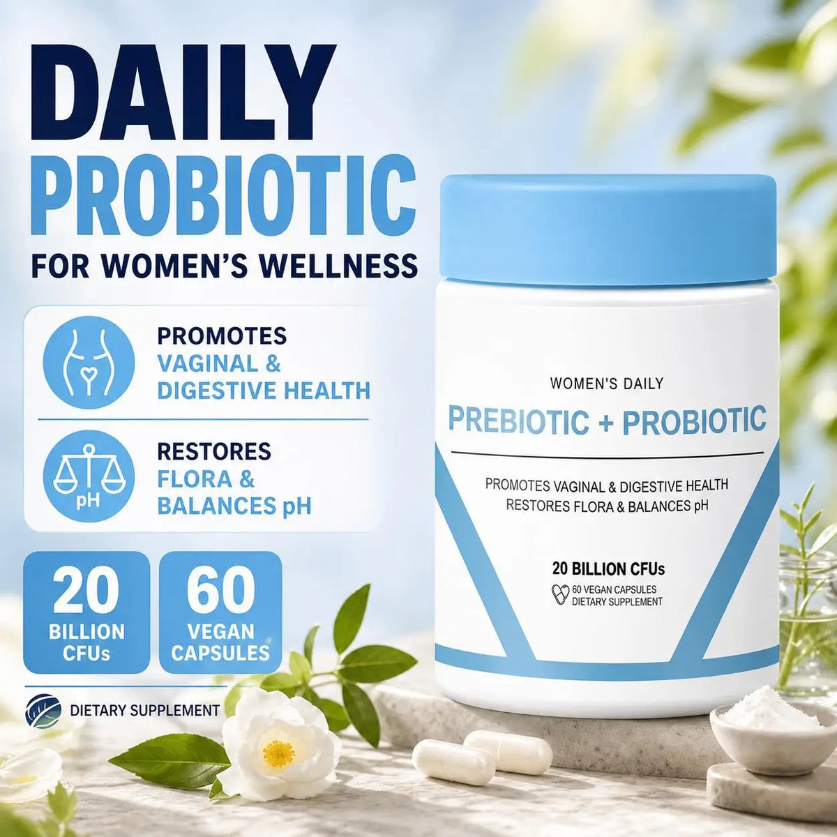 Women's Probiotic & Prebiotic Capsules 20B CFUs + Biotin 60ct Probiotic Supplement Qst