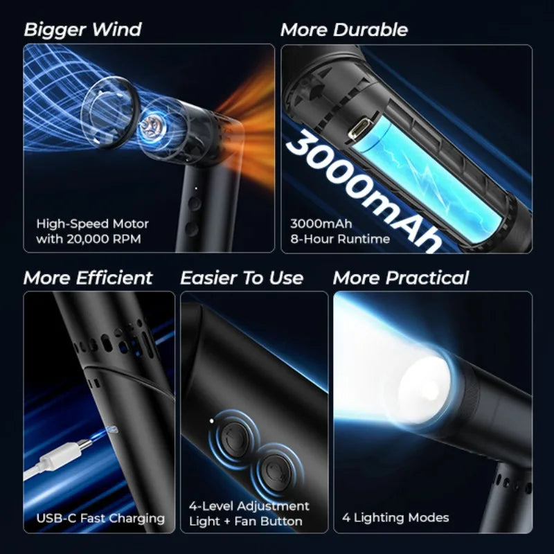Metal Folding Handheld Fan with LED Flashlight – USB Rechargeable Handheld Fan Flashlight Qme