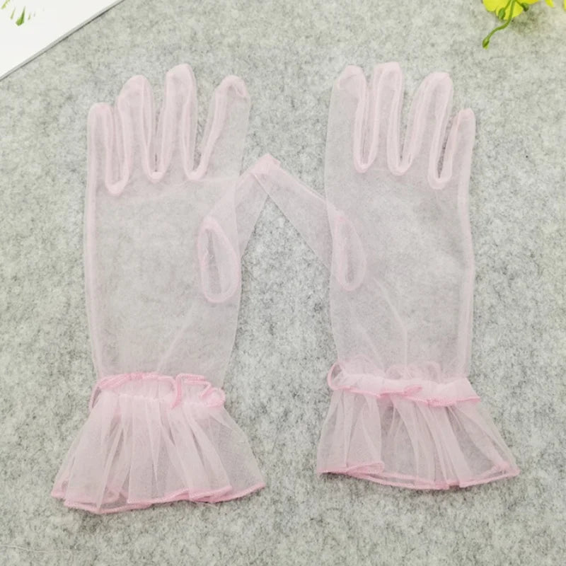 Women's Black Lace Gloves – Sheer Tulle Wedding & Bridal Lace Fashion Gloves Qme pink One Size