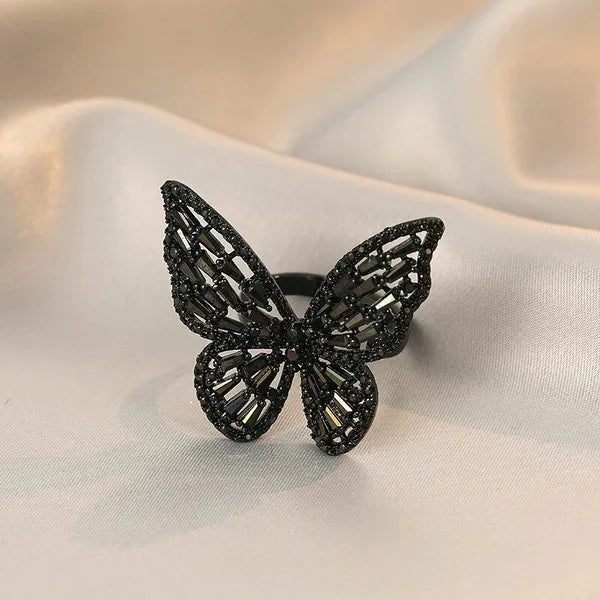 Silver Zircon Butterfly Open Ring – Adjustable Women's Cocktail Ring Cocktail Ring Qme