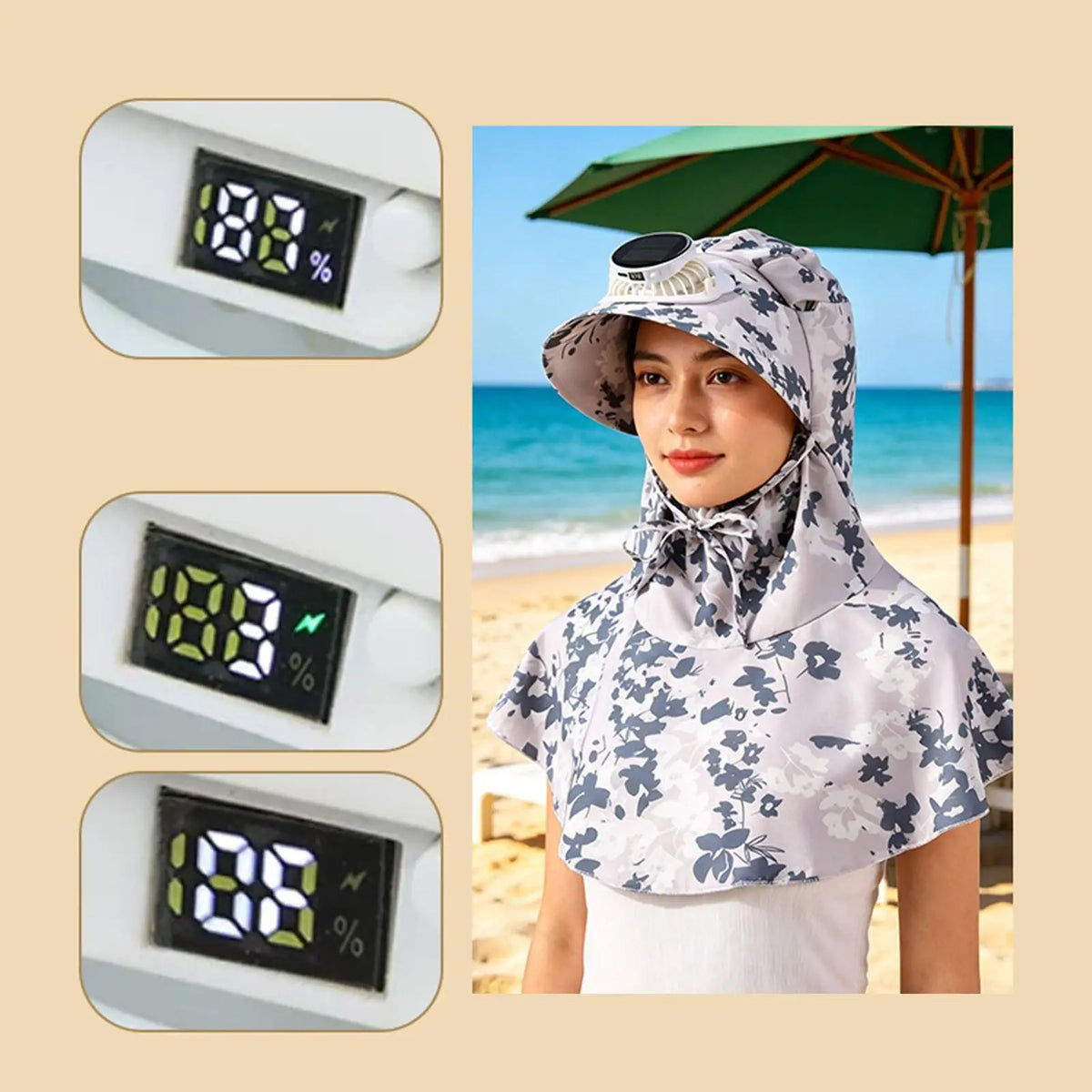 Solar Fan Hat Wide Brim Neck Flap 3-Speed USB Rechargeable Solar Fan Hat Qme