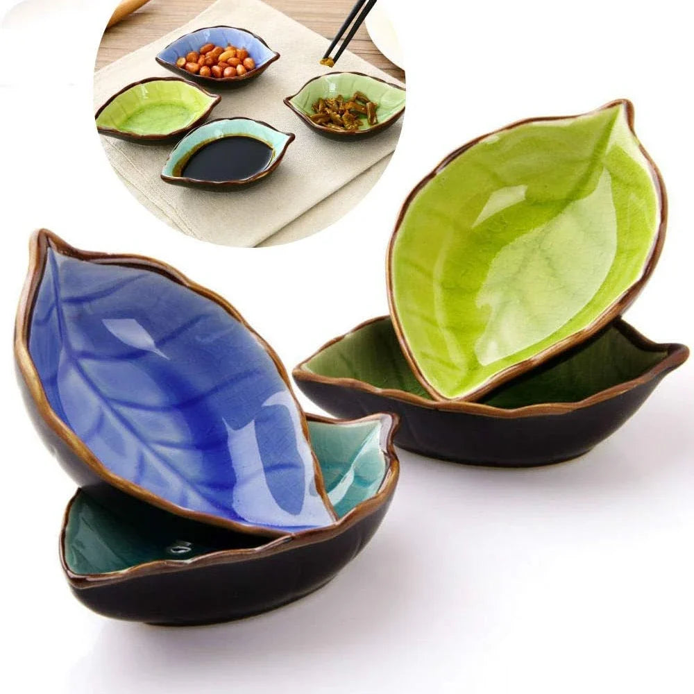 Ceramic Leaf Saucer Ice Crack Glaze | Soy Sauce Dish Ceramic Condiment Dish Qme