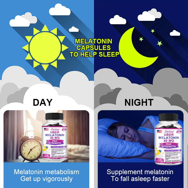 Daitea Super Melatonin 40mg Capsules – Vitamin C & Lemon Balm Sleep Support Supplement Qst