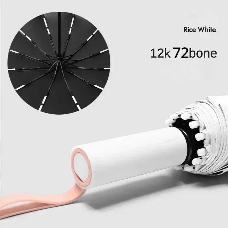 Windproof Auto Folding Umbrella – 72-Bone UV Protection Folding Umbrella Qst White 12K Iron