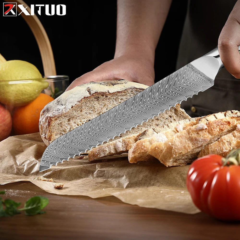 XITUO 8-Inch Damascus Serrated Bread Knife – VG-10 Steel Serrated Bread Knife Qst