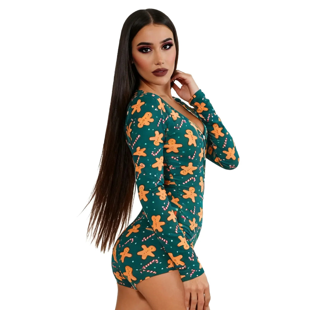 Women's Christmas Gingerbread Long Sleeve Jumpsuit Romper Holiday Costume Jumpsuit Qme
