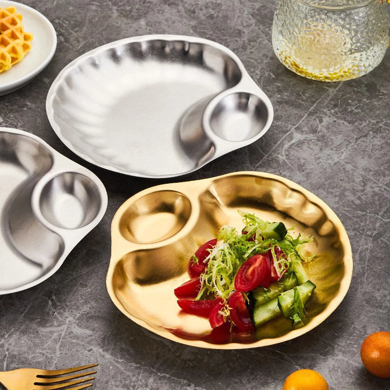 Stainless Steel Divided Snack Plate – Retro Shell Shape Divided Snack Plate Qst