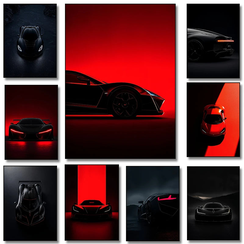 Black Red Sports Car Silhouette Canvas Wall Art Print Canvas Wall Art Qst