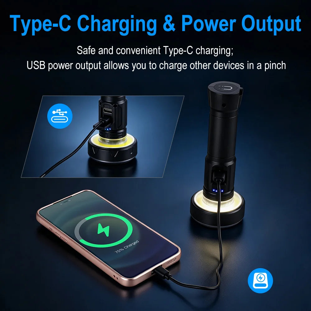 BORUiT LED COB Camping Flashlight – 11 Modes, Magnetic USB-C Camping Flashlight Qst