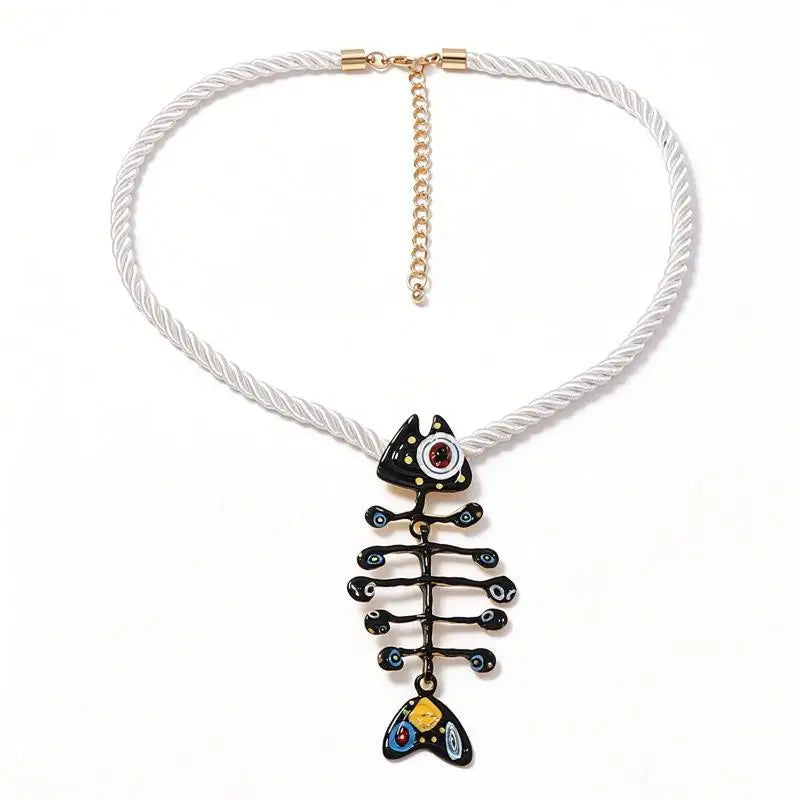Boho Hand Woven Rope & Alloy Fishbone Pendant Necklace Pendant Necklace Qme