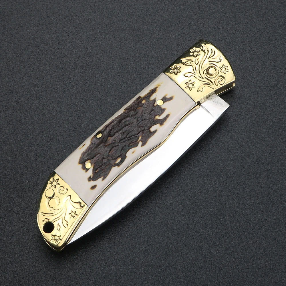 XUAN FENG Brass Deer Antler Folding Knife – Mirror Polished Folding Pocket Knife Qst