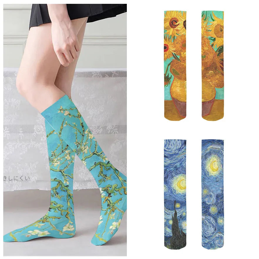 Van Gogh Sunflower Art Print Women's Stockings – 15 Colors Novelty Print Stockings Qme
