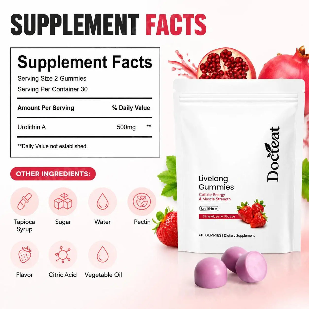 Docteat Urolithin A Gummies 500mg Strawberry – 60 Count Wellness Gummies Qst