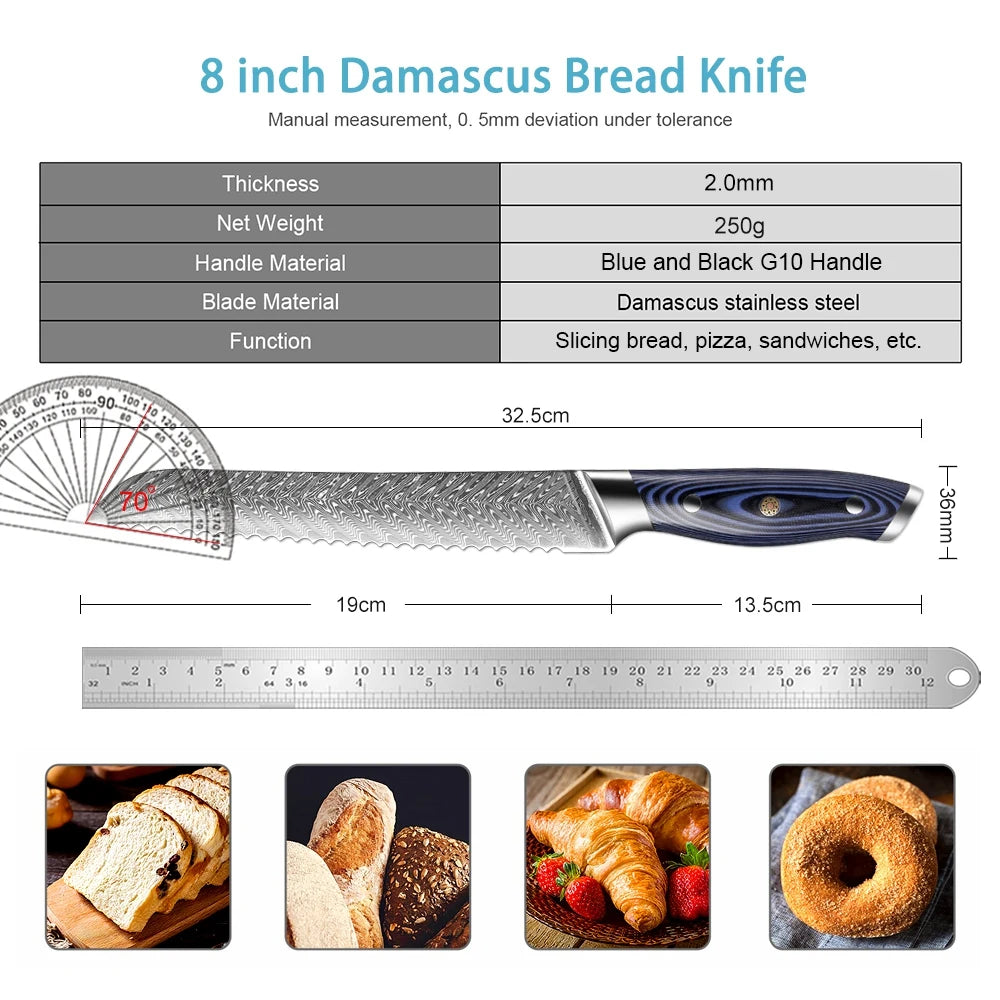 XITUO 8" Damascus Steel Serrated Bread Knife – Blue G10 Handle Damascus Bread Knife Qst