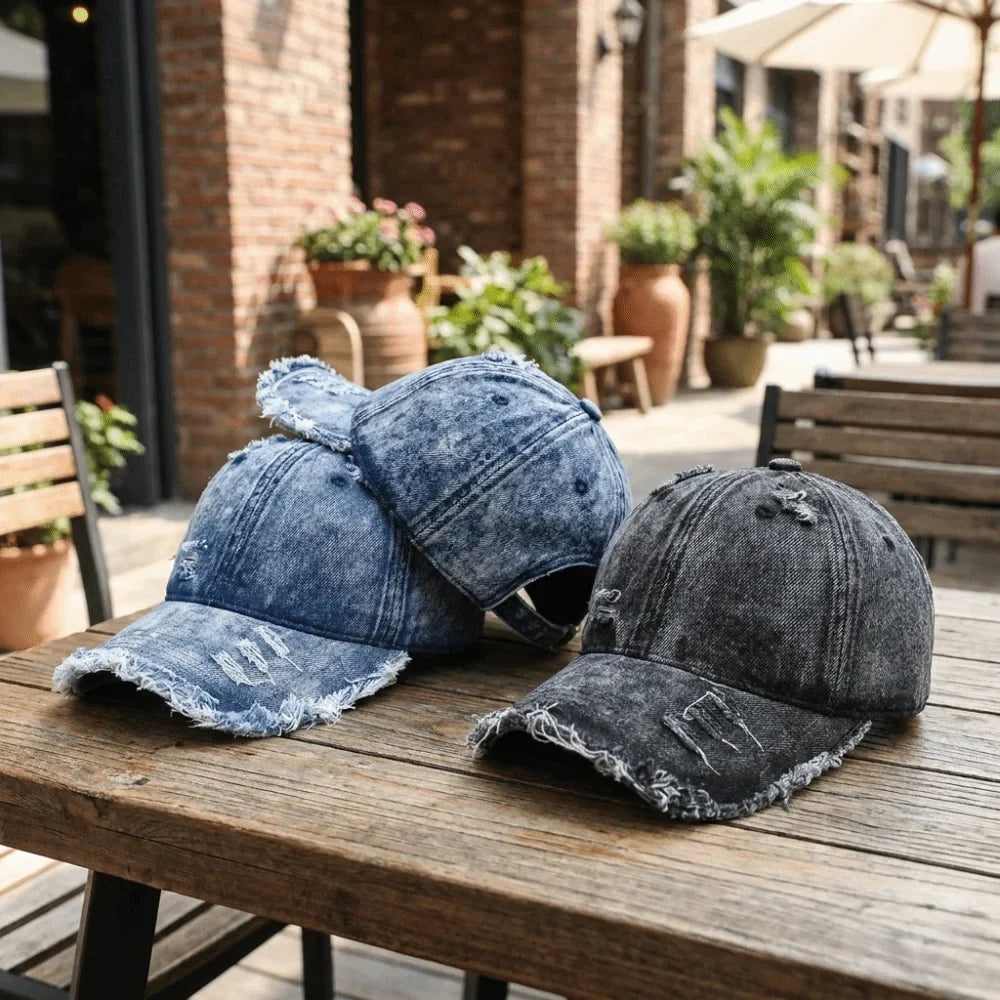 Vintage Washed Denim Baseball Cap – Distressed Frayed Fringe Denim Baseball Cap Qme