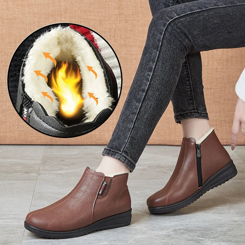 Women's Winter Plush-Lined Slip-On Ankle Boots | Soft PU Leather Women's Ankle Boots Qst