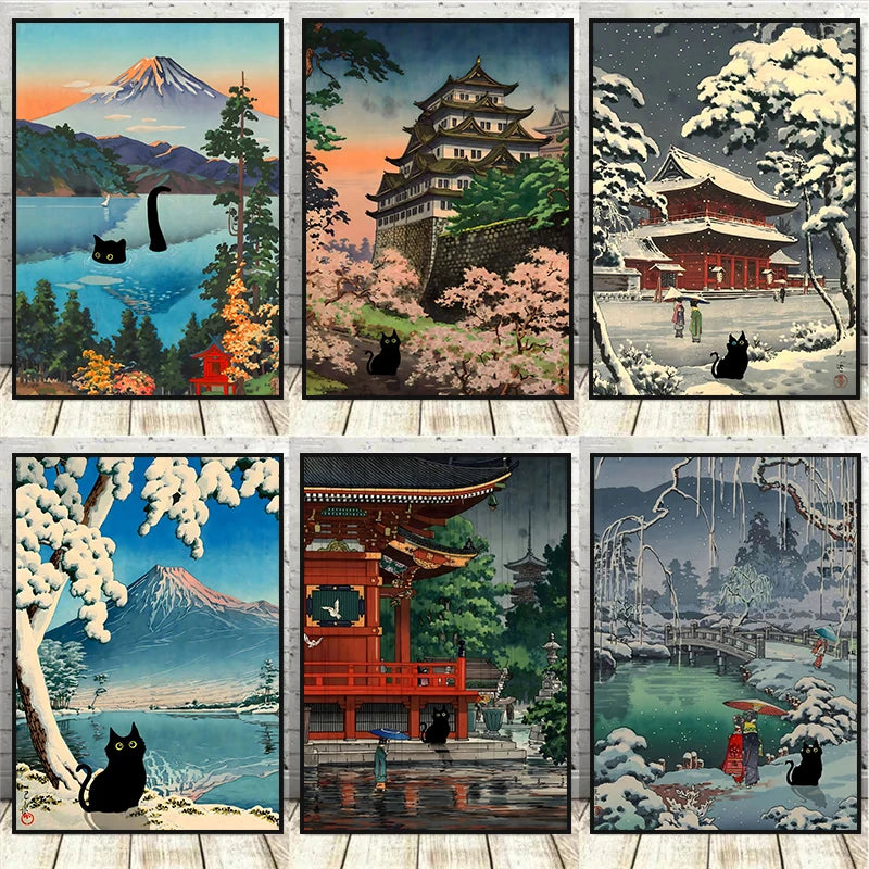 Vintage Black Cat Japanese Forest Canvas Wall Art Print Poster Canvas Wall Art Qst