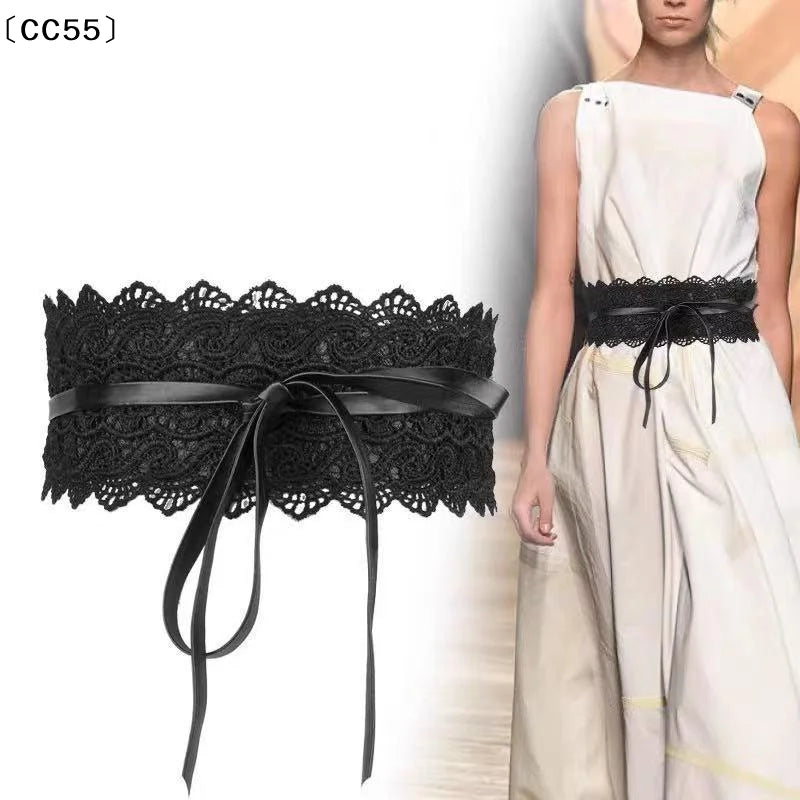 Vintage Boho Lace Bow Wide Waist Belt – Scalloped Edge Wide Waist Belt Qst