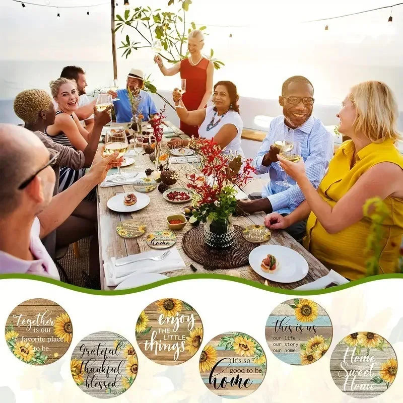 Sunflower Absorbent Wood Coasters Set with Holder | 6 Pcs Drink Coaster Set Qme