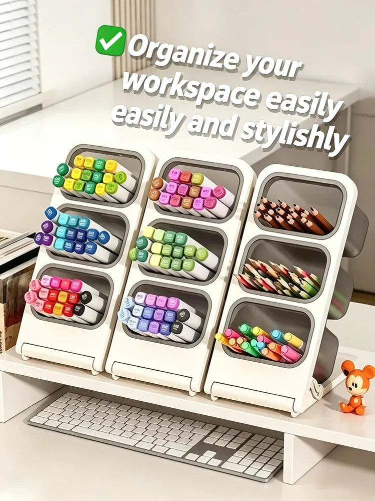 Multi-Layer 3-Grid Desktop Pen & Pencil Organizer – Detachable Desktop Pen Organizer Qme