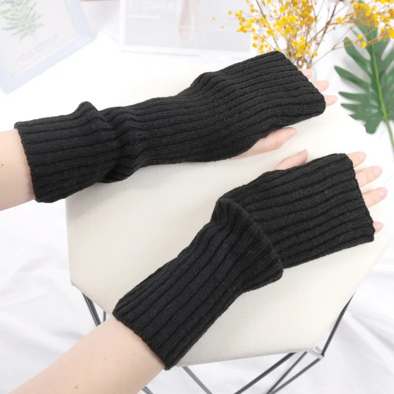 Women's Long Fingerless Gloves Winter Arm Warmers – 10 Colors Fingerless Arm Warmers Qme black length 30cm