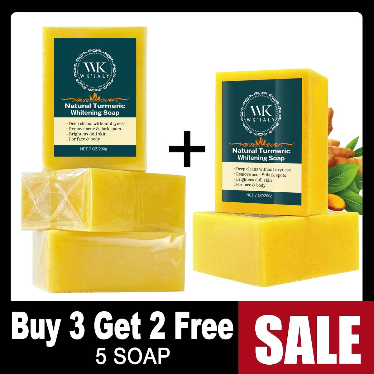 WK'JALY Turmeric Brightening Soap Bar – Hyaluronic Acid, 200g Brightening Soap Bar Qst Buy 3 Get 2 Free