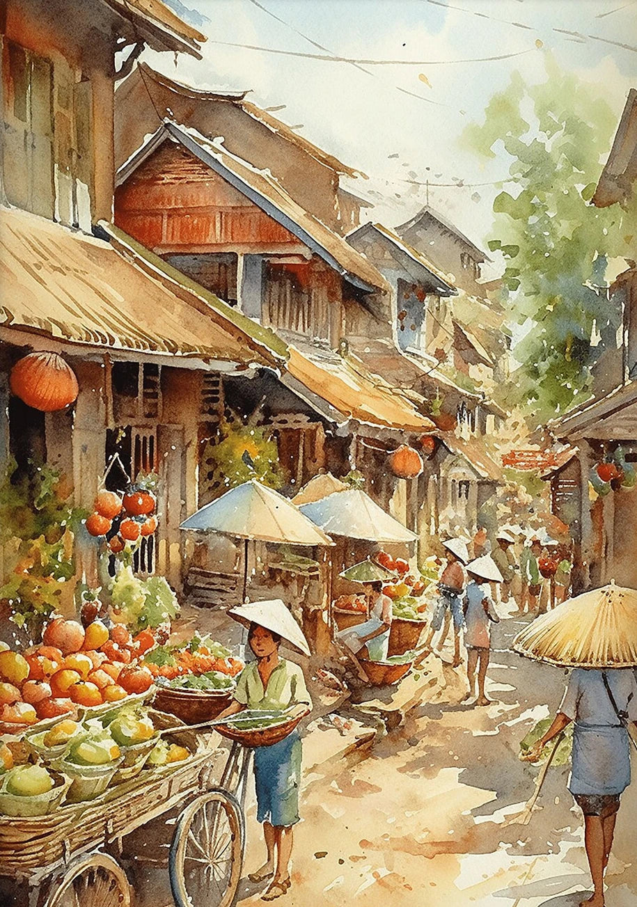 Vietnamese Village Canvas Wall Art – Vintage Watercolour Print Canvas Wall Art Qst 6 50x70cm Unframed