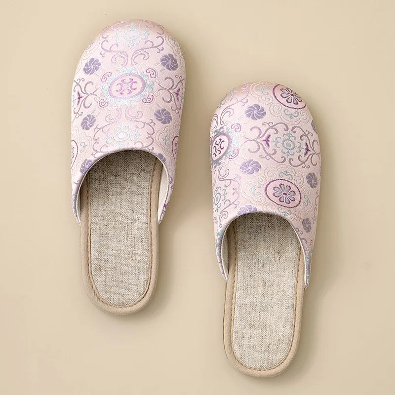 Women's Retro Floral Linen Indoor Slippers – Non-Slip Home Shoes Indoor Slippers Qst Pink 37-38