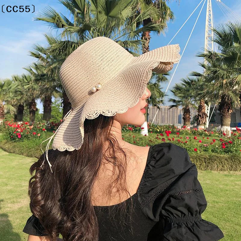 French Pearl Strap Wide Brim Straw Hat – Foldable Women's Sun Hat Wide Brim Straw Hat Qst