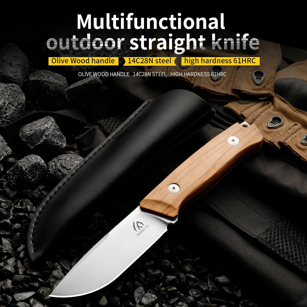 HUANGFU Fixed Blade Camping Knife – Steel & Wood Handle + Sheath Fixed Blade Knife Qst