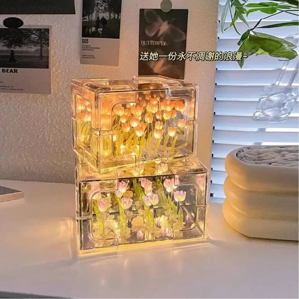 DIY Tulip Flower Cube 3D Glass Night Lamp – 4 Colors DIY Decorative Lamp Qme