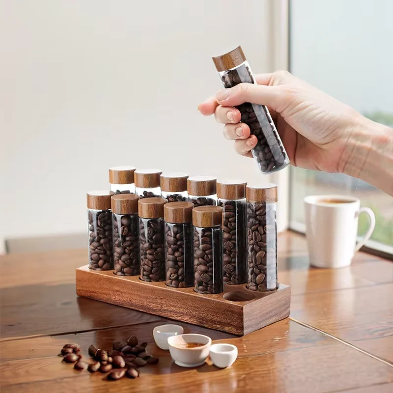 Glass Single Dose Coffee Bean Storage Tubes & Wood Display Rack Coffee Bean Storage Set Qst