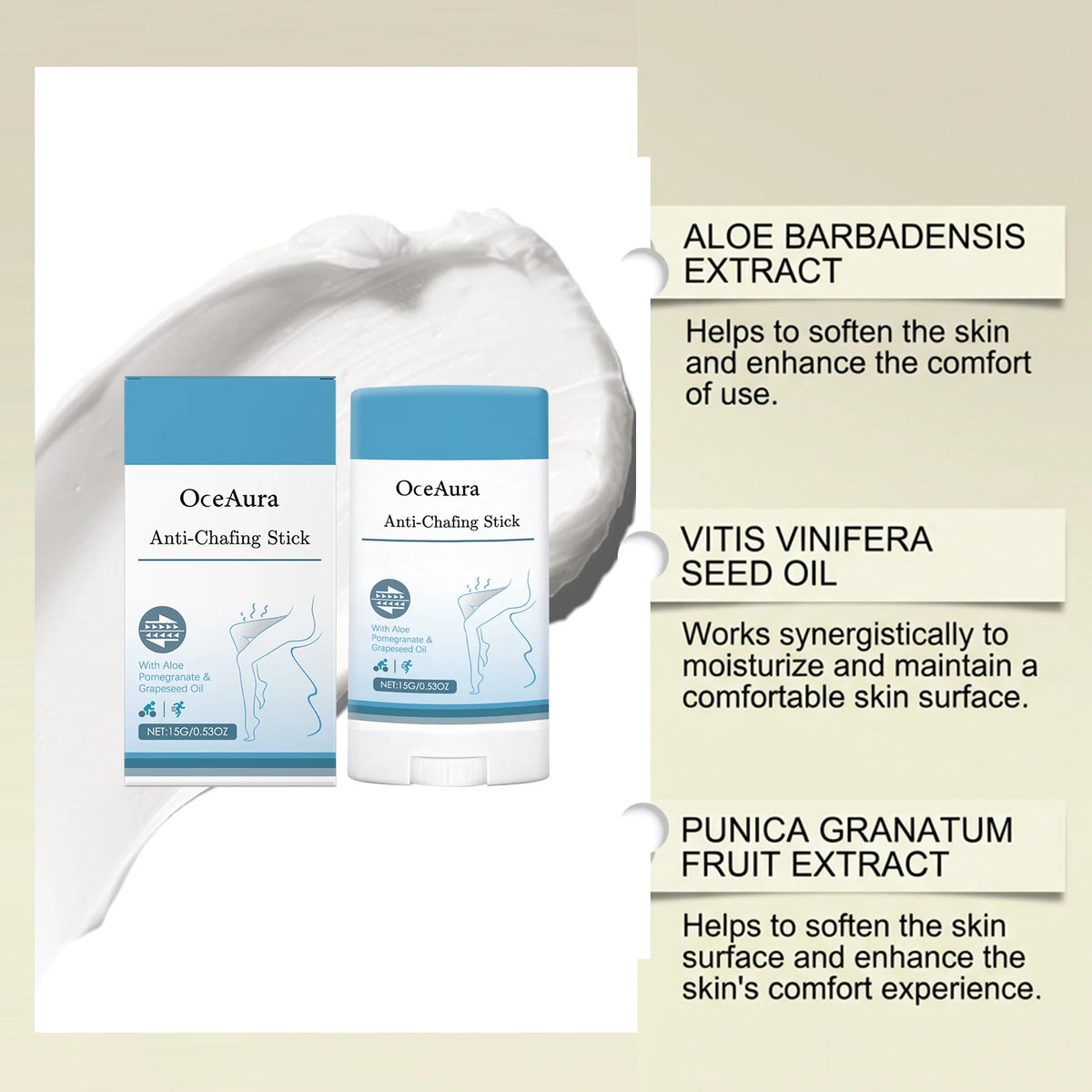 OceAura Anti-Chafe Stick – Sweat-Proof Skin Barrier 15g Anti-Chafe Skin Stick Qst