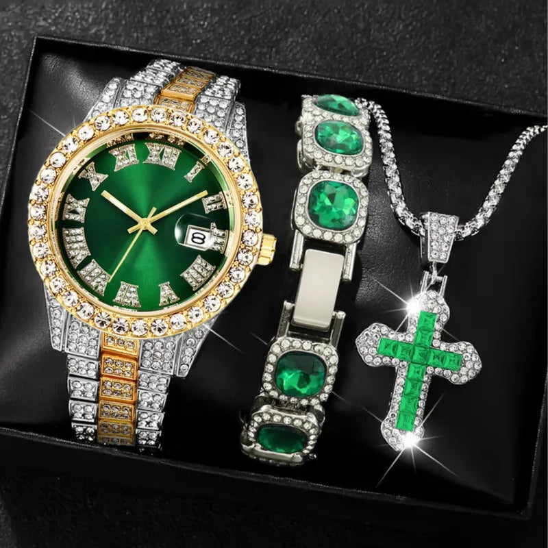 Hip-Hop Diamond Studded Quartz Watch & Bracelet Set – 18 Styles Watch & Bracelet Set Qme