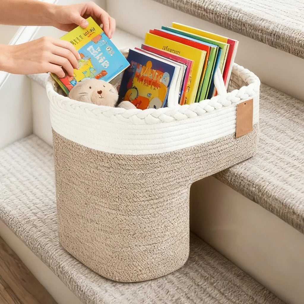 Foldable Woven Stair Basket Large Capacity Step Organizer Woven Storage Basket Qme