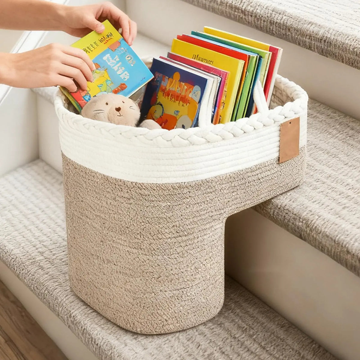 Foldable Woven Stair Basket Large Capacity Step Organizer Woven Storage Basket Qme